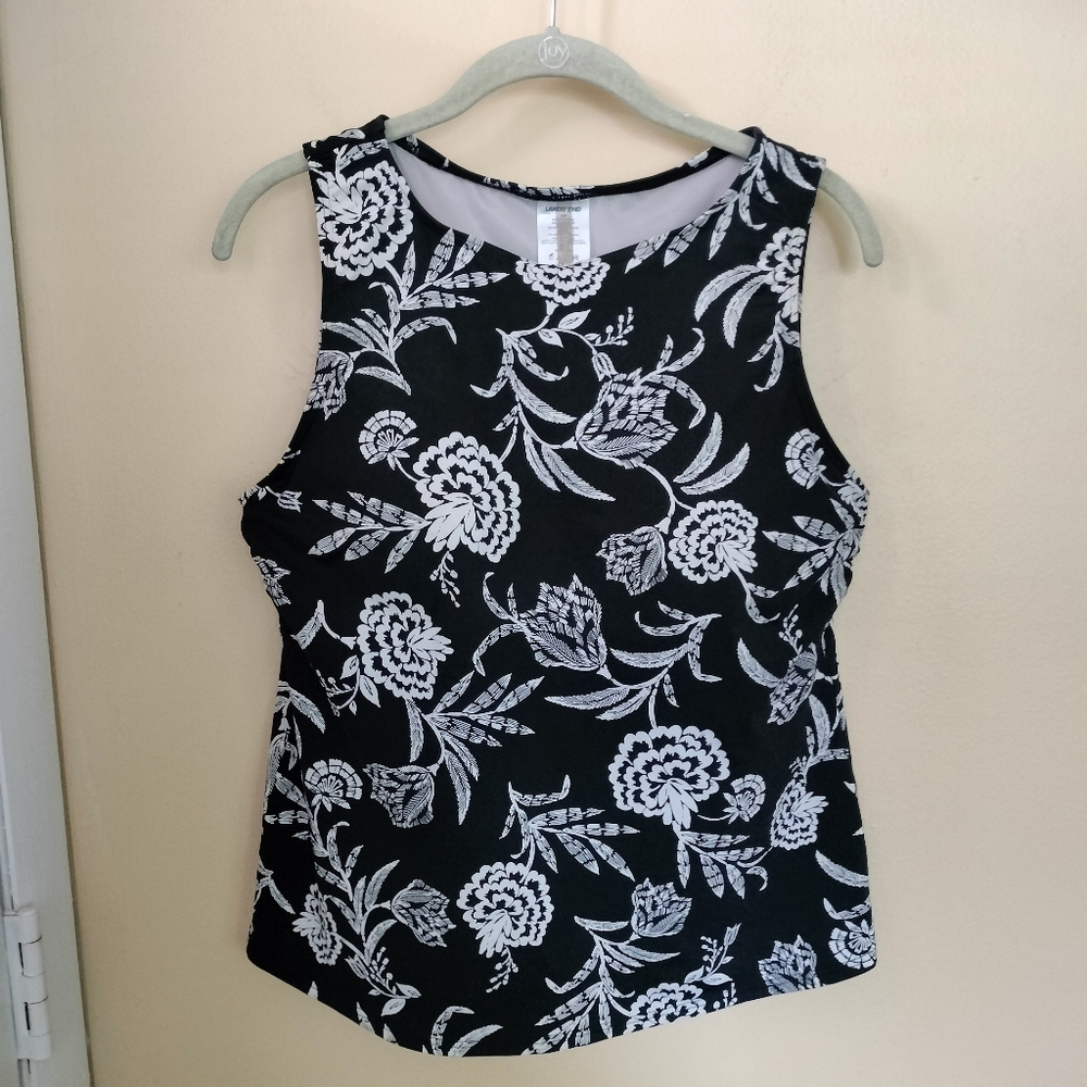 Lands' End Black White Floral Tankini Swim Top 12P Vacation Pool Beach Lake